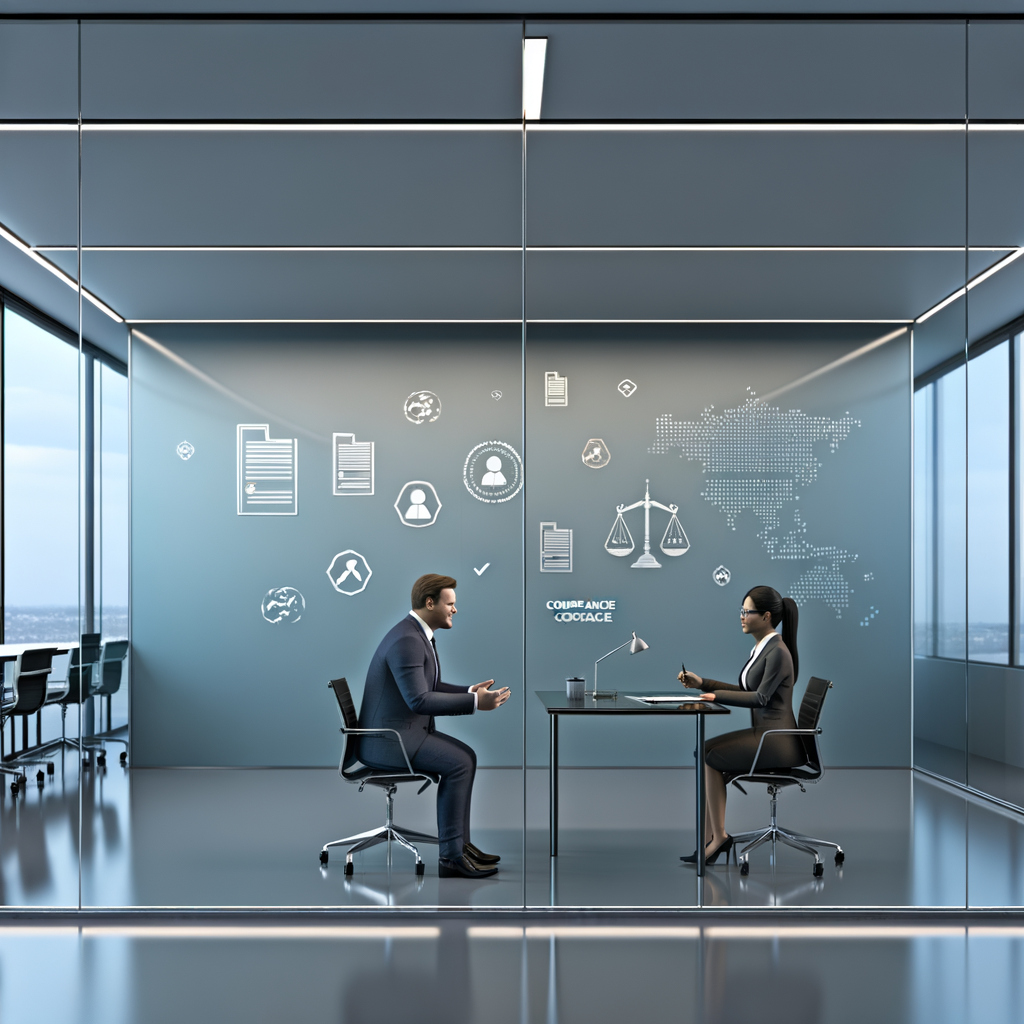 Australian business professionals separated by a glass wall and legal documents, symbolizing the compliance challenges of hiring overseas freelancers under new Fair Work Australia rulings.