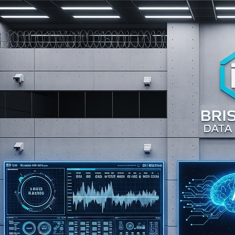 Secure Brisbane Data Center with advanced AI monitoring and cybersecurity protocols, showcasing servers, surveillance, and real-time threat intelligence displays.