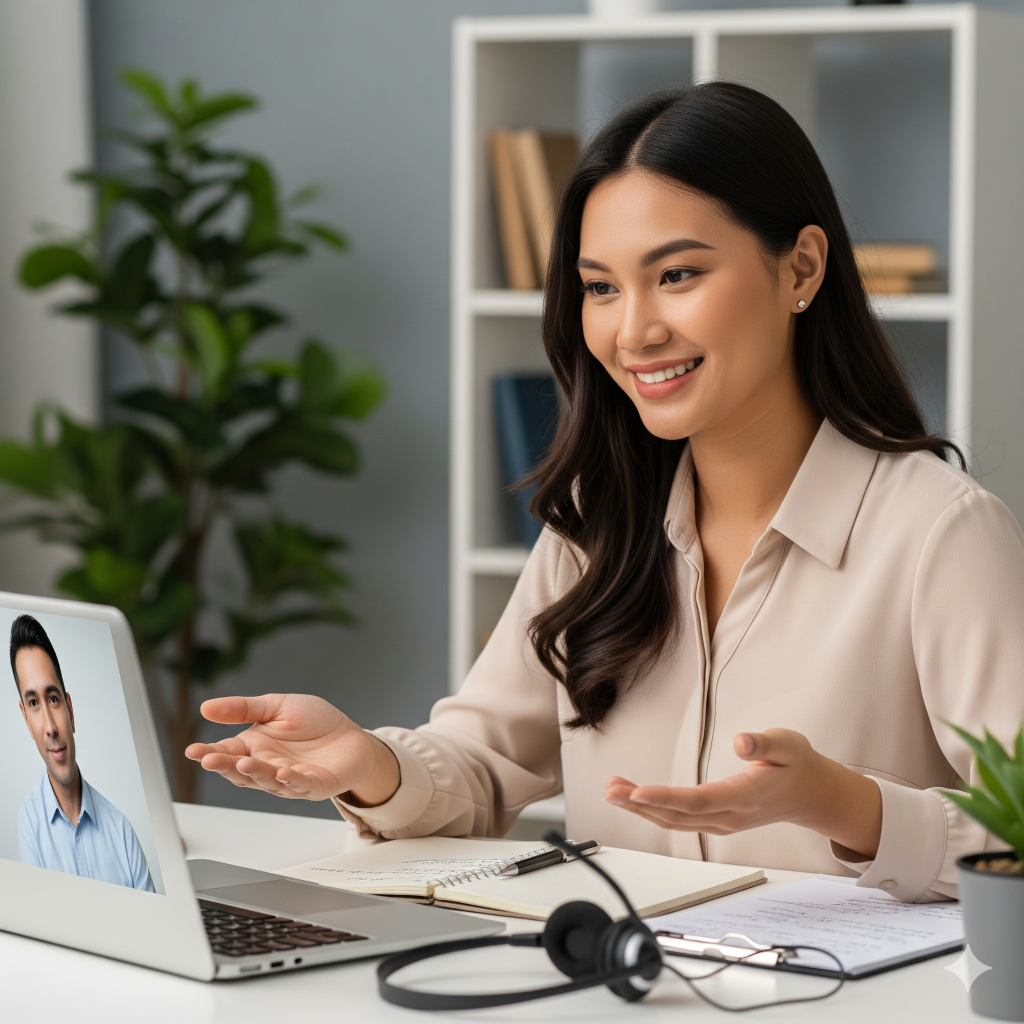 A woman in front of a laptop